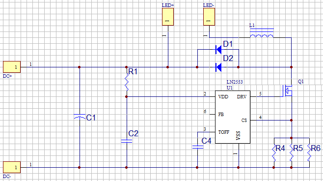 LN2553 LED車燈(12V-80V)典型應(yīng)用線路圖: